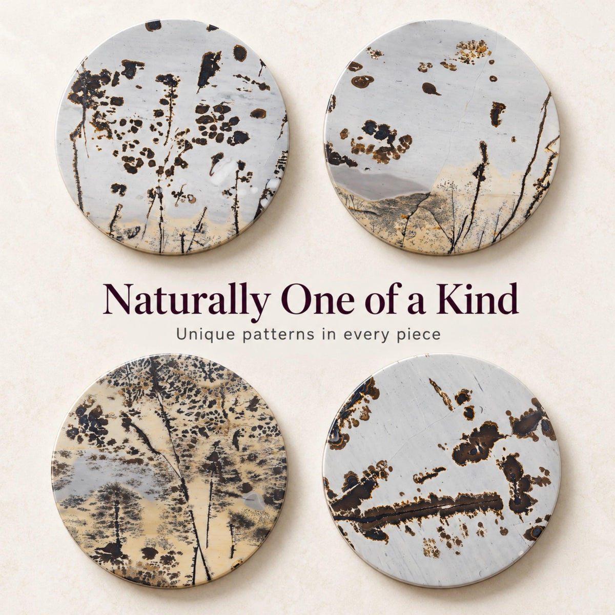 Four round Guohua stone coasters showing individual dark branching patterns on pale grey and cream backgrounds.
