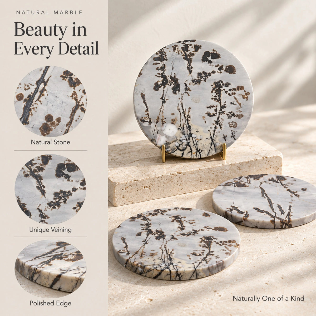 Guohua stone coasters displayed with close-ups of their branching patterns, natural veining and polished edges.