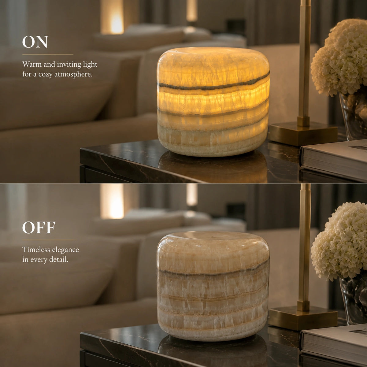 Amber jade marble ambient lamp shown illuminated and unlit, highlighting its warm glow and natural stone beauty.