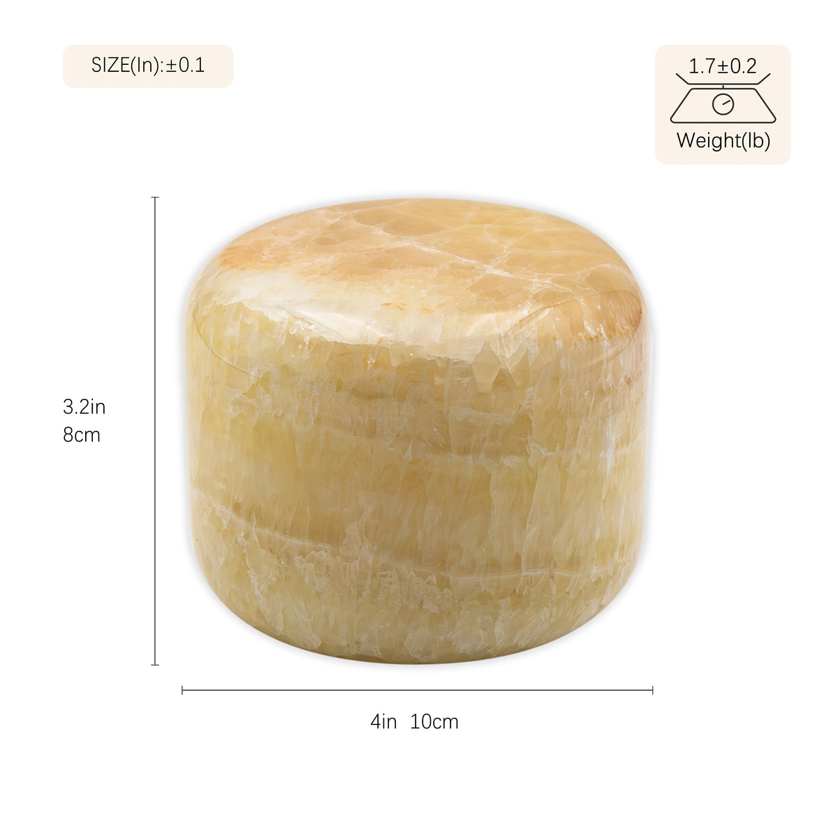 Amber jade marble ambient lamp size guide showing a 4-inch diameter, 3.2-inch height, and approximately 1.7-pound weight.