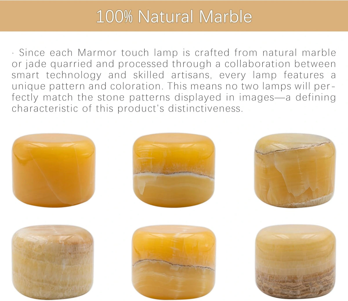 Six natural amber jade marble lamps showing the unique color, veining, and pattern variations of genuine stone.