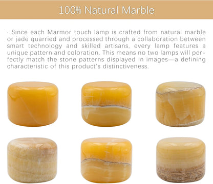 Six natural amber jade marble lamps showing the unique color, veining, and pattern variations of genuine stone.