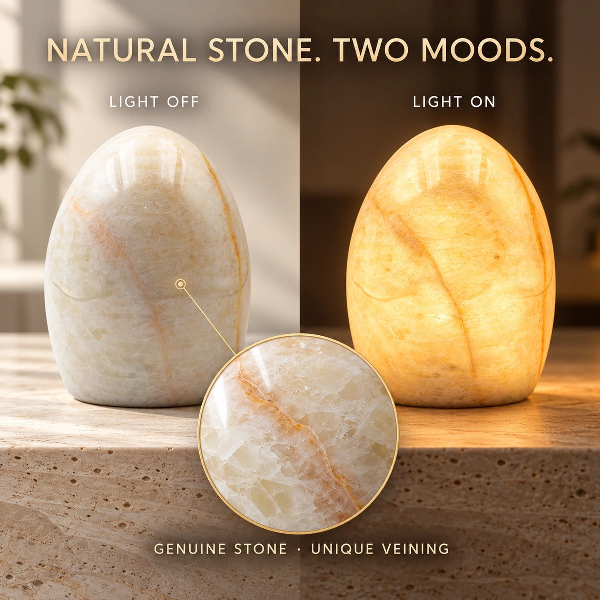 Natural stone ambient lamp shown switched off in daylight and glowing warmly at night, with a close-up of its unique crystalline veining.