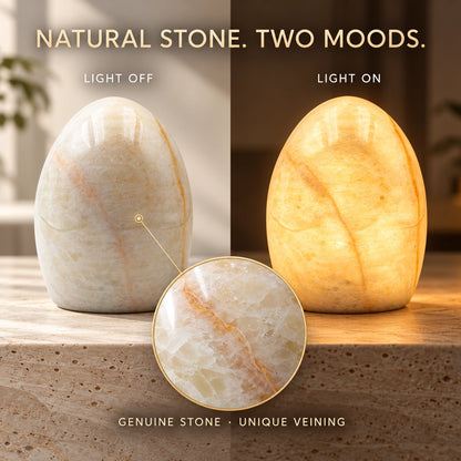 Natural stone ambient lamp shown switched off in daylight and glowing warmly at night, with a close-up of its unique crystalline veining.