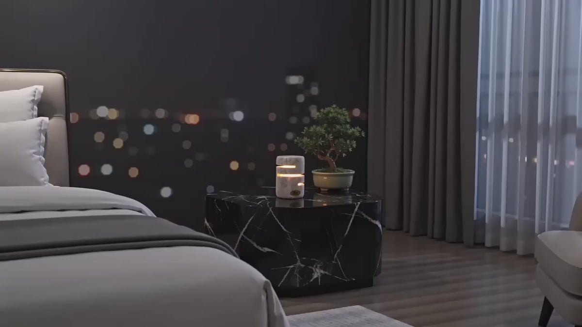 Load video: Product demonstration of the Marmor Ancient Emerald natural marble touch lamp, showing its illuminated green marble shade.