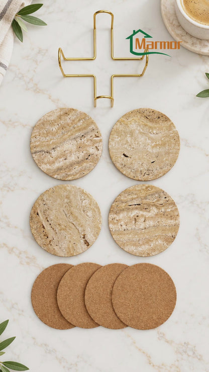 Roman Travertine Stone Coasters Set of 4 | Natural Porous Marble Drink Coasters