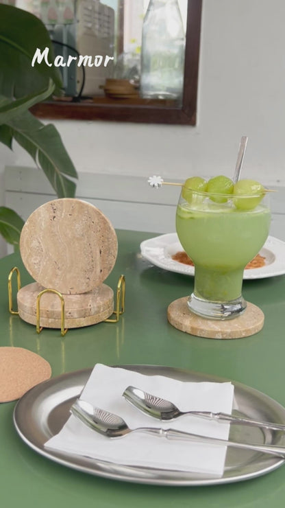 Roman Travertine Stone Coasters Set of 4 | Natural Porous Marble Drink Coasters