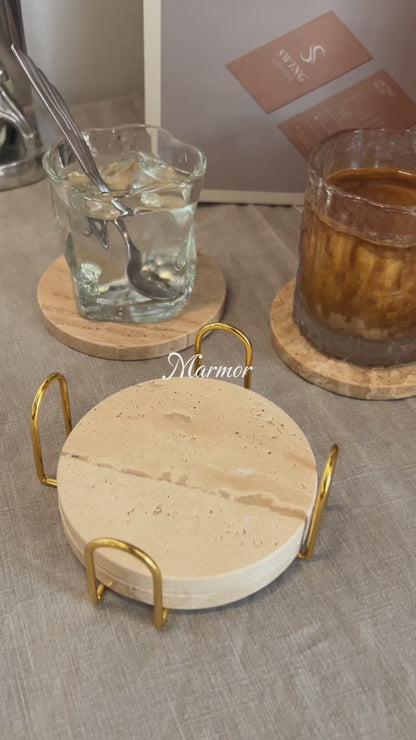 Roman Travertine Stone Coasters Set of 4 | Natural Porous Marble Drink Coasters