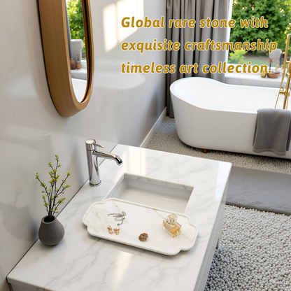 Marmor White Gold Marble Oval Vanity Tray 40cm – Natural Stone Bathroom Decor Marmor