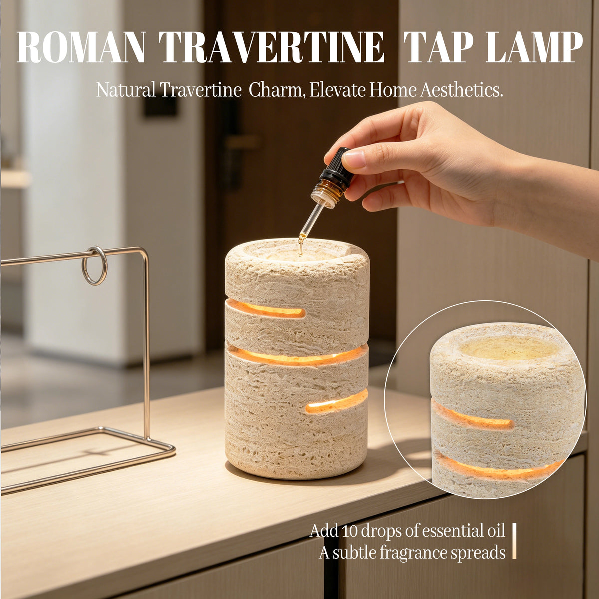 Natural Roman travertine aroma diffuser lamp with essential oil added to the recessed top.