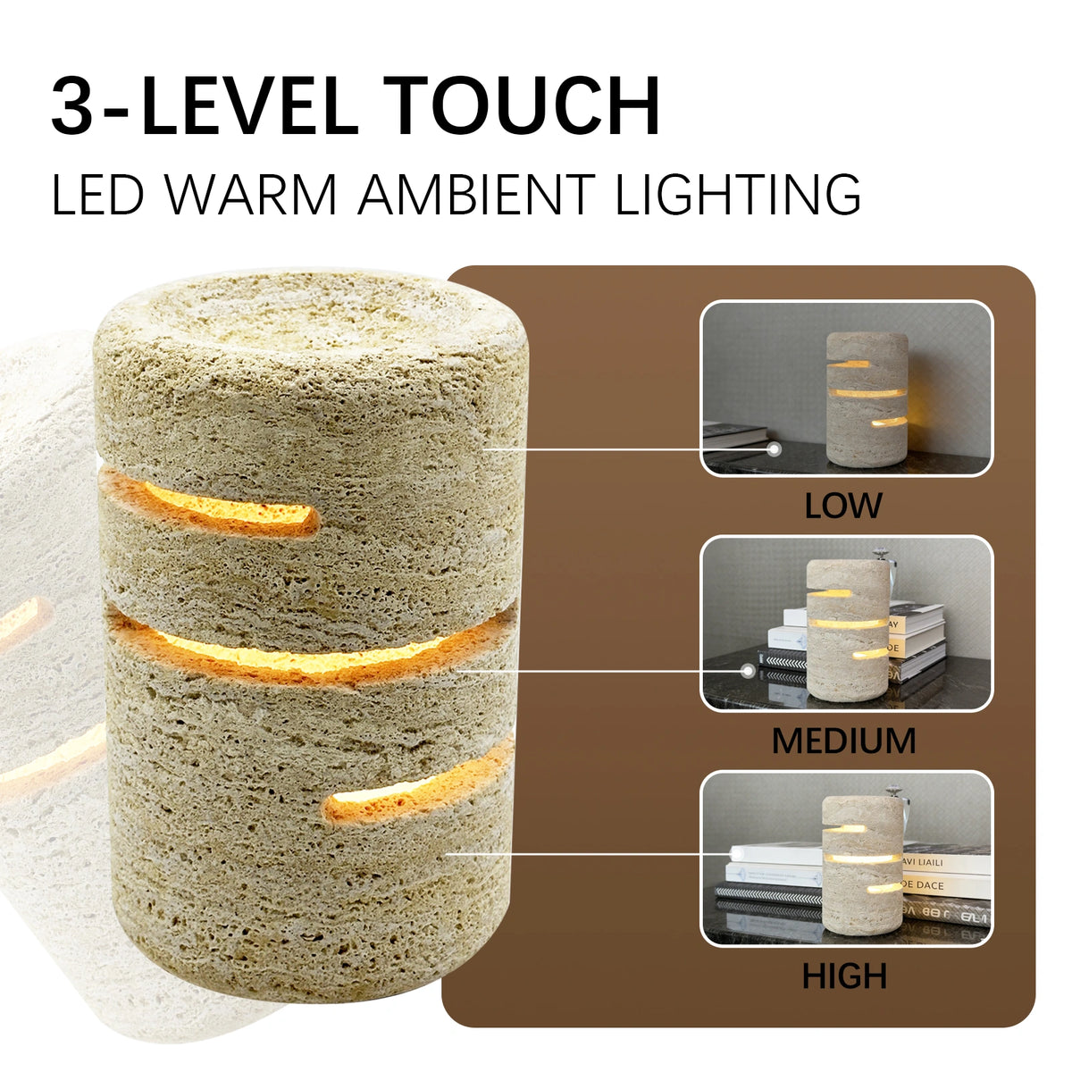 Roman travertine touch lamp showing low, medium, and high ambient brightness settings.