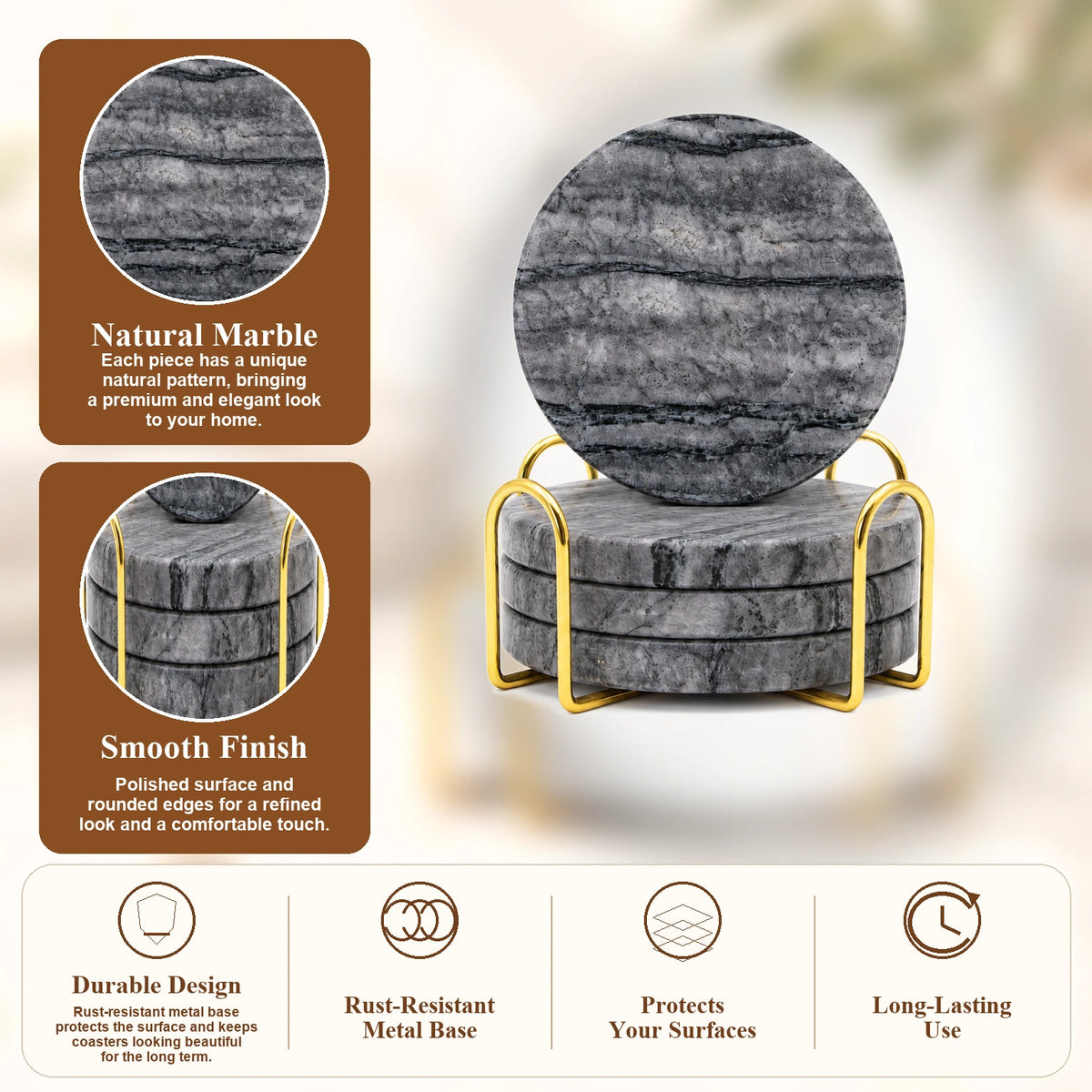 Ancient Wood Grain Marble Coasters Set of 4 | Natural Stone Drink Coasters Marmor