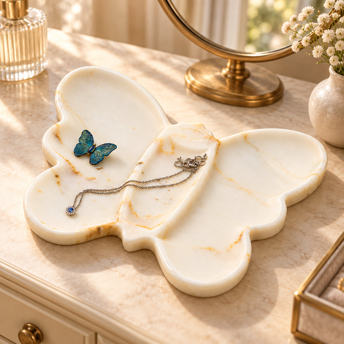 White gold veined butterfly shaped marble vanity tray holding jewelry on bedroom dresser table